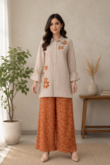 Beige Bloom Satin Georgette Digital Print Co-Ord Set with Embroidered Top