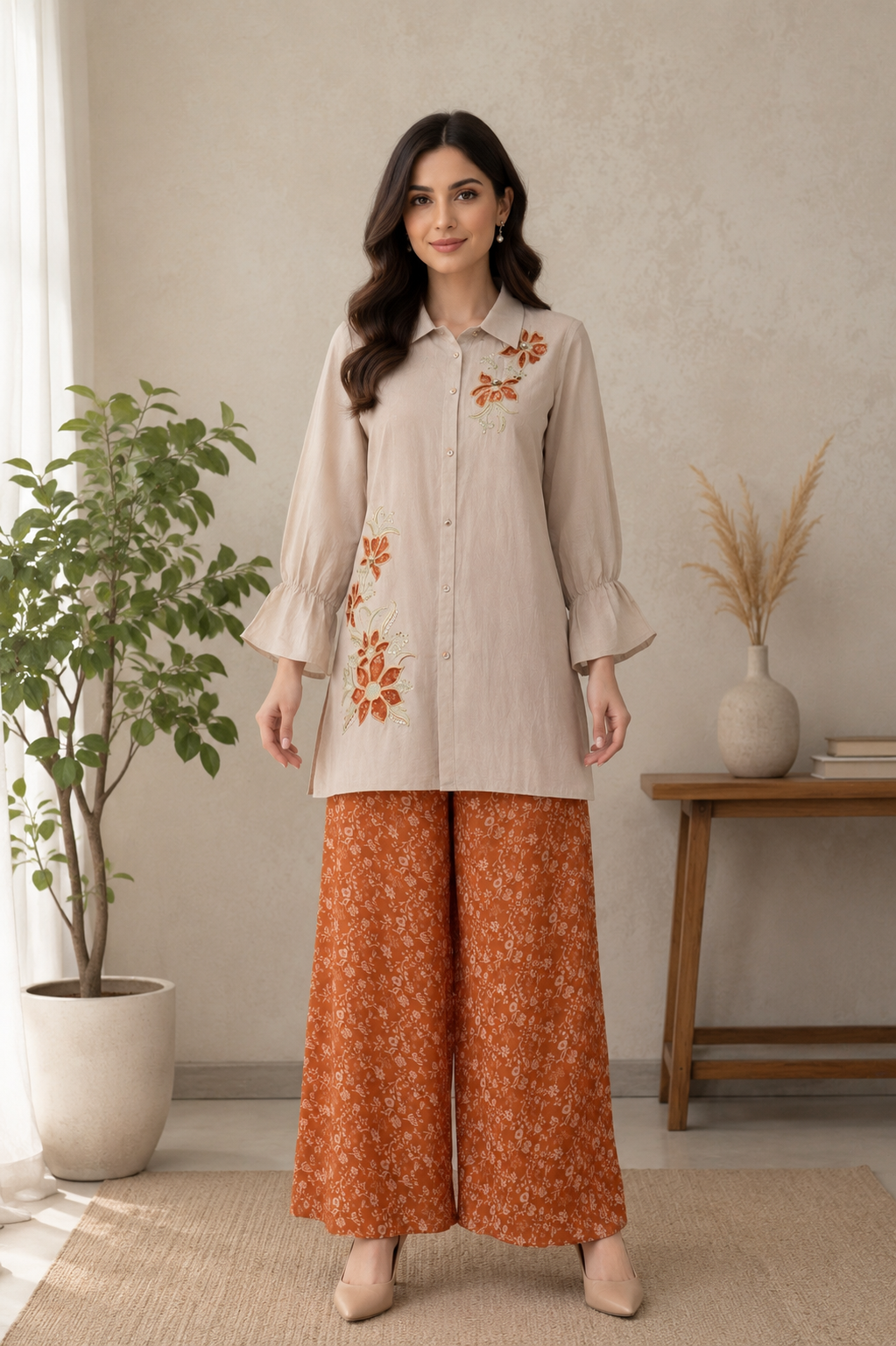 Beige Bloom Satin Georgette Digital Print Co-Ord Set with Embroidered Top