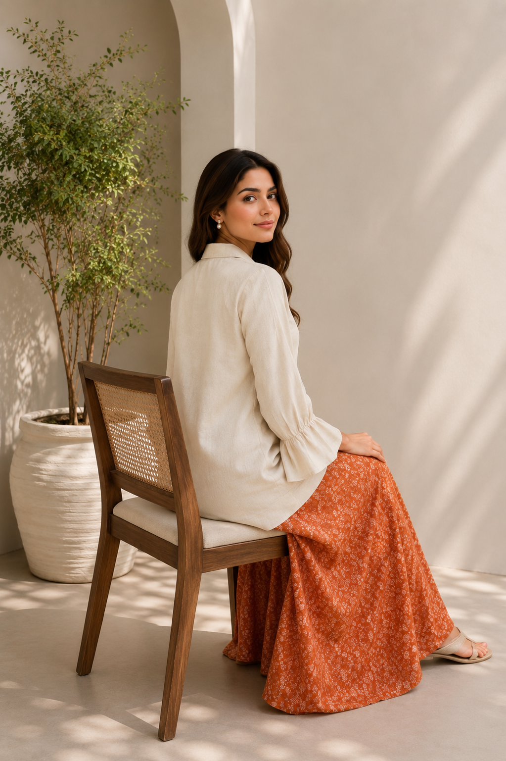 Beige Bloom Satin Georgette Digital Print Co-Ord Set with Embroidered Top