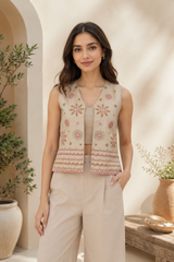 Beige Embroidered 3-Piece Co-Ord Set for Women — Jacket, Inner Top & Trousers
