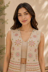 Beige Embroidered 3-Piece Co-Ord Set for Women — Jacket, Inner Top & Trousers