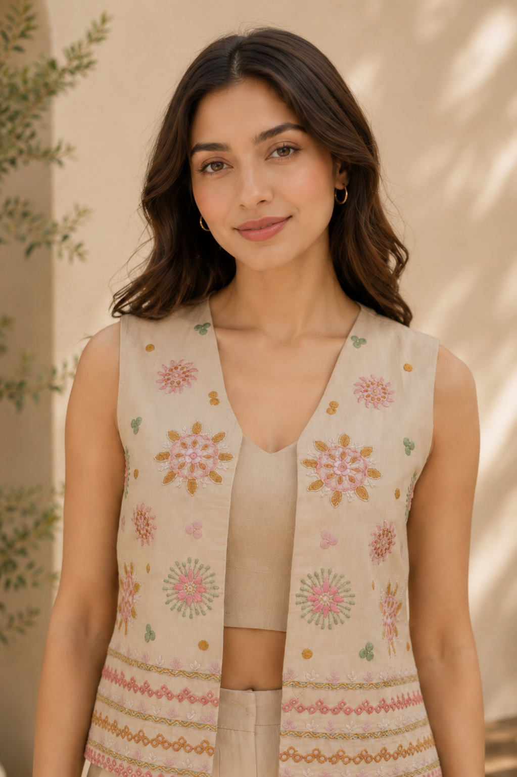 Beige Embroidered 3-Piece Co-Ord Set for Women — Jacket, Inner Top & Trousers