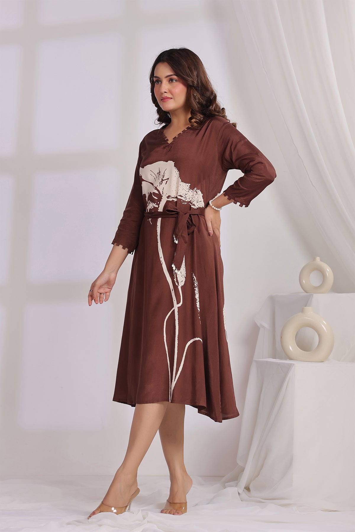 Brown Midi Russian Silk Dress