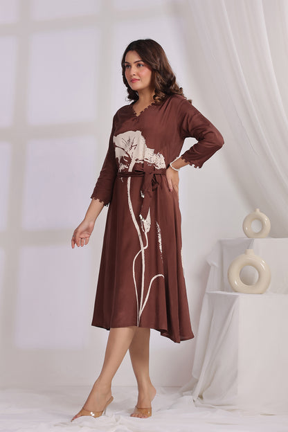 Brown Midi Russian Silk Dress
