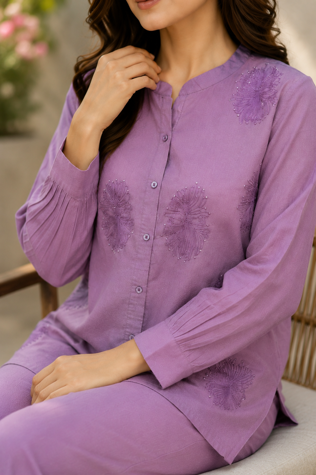 Lilac Embroidered Co-Ord Set for Women — Mandarin Collar Kurti & Straight Pants