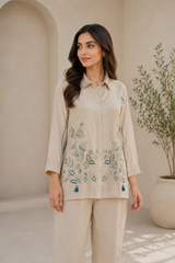 Sand Beige Ethnic Co-Ord Set for Women — Vichitra Zazu Silk Shirt Top & Trousers
