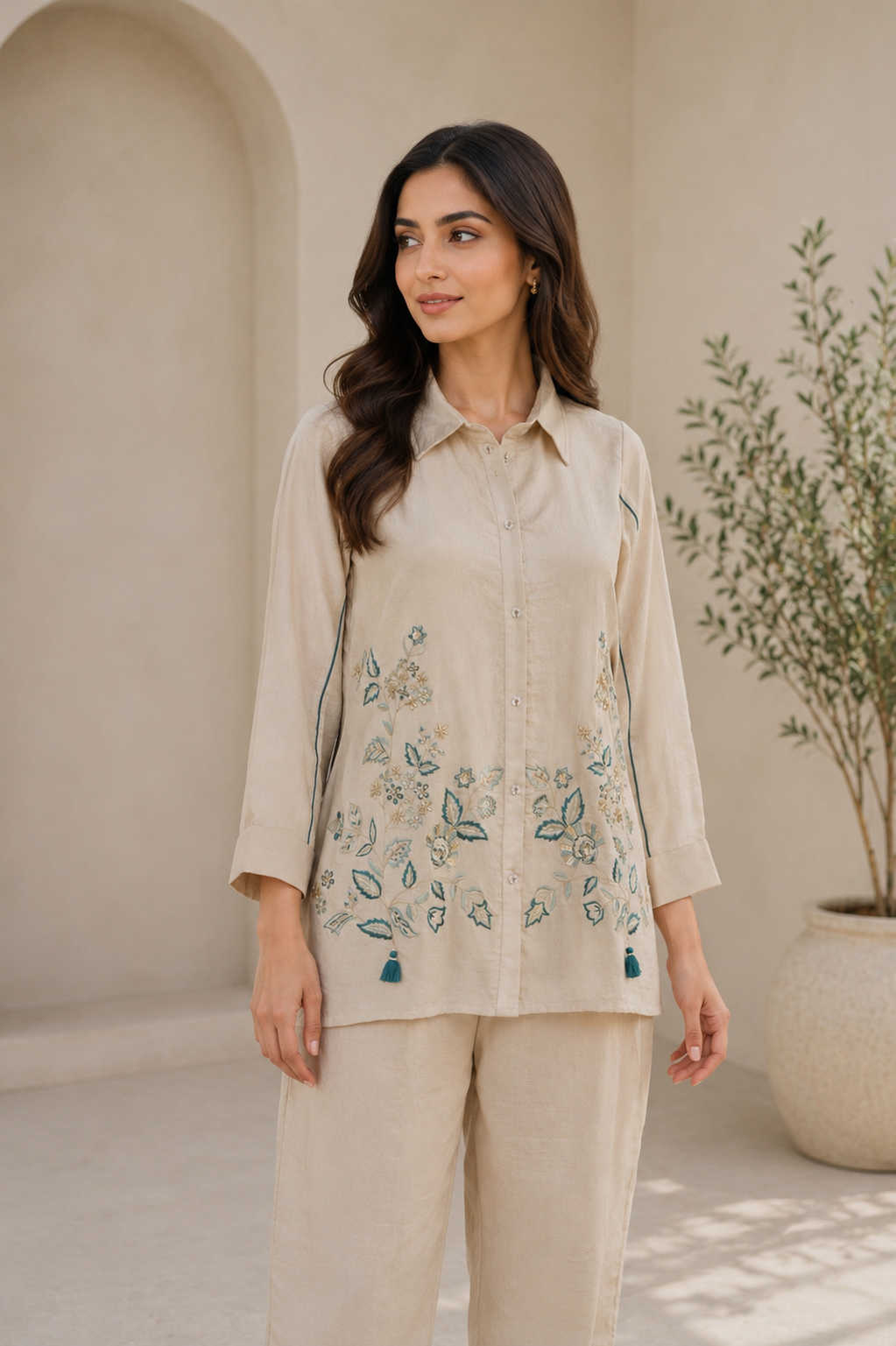 Sand Beige Ethnic Co-Ord Set for Women — Vichitra Zazu Silk Shirt Top & Trousers