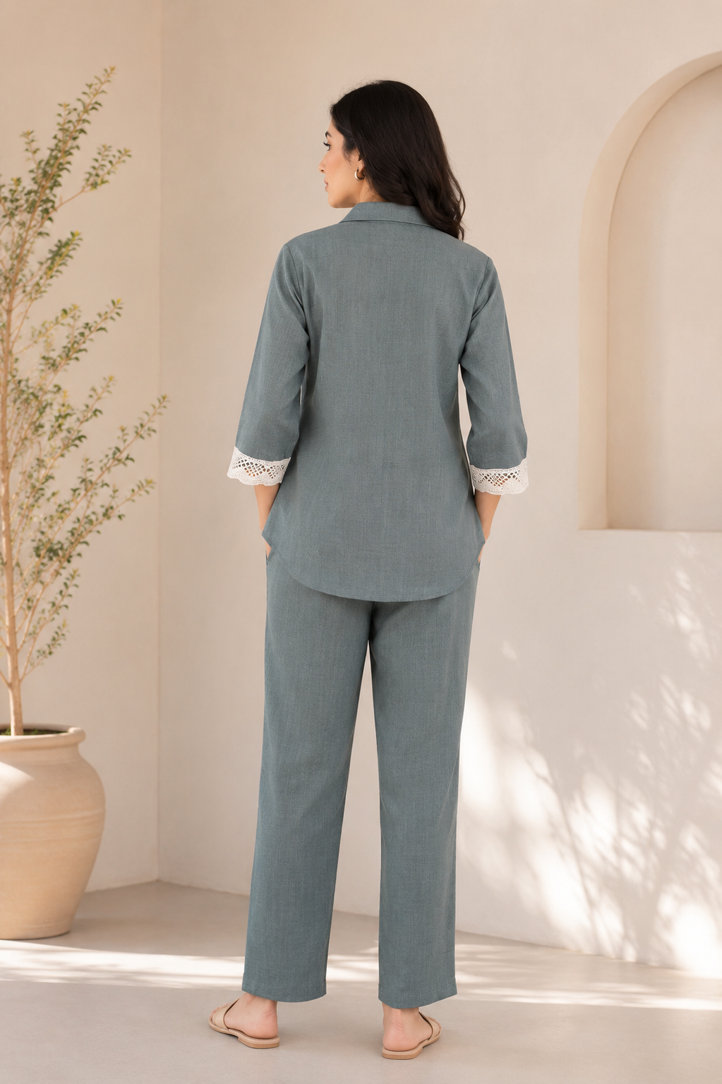 Sage Green Embroidered Viscose Twill Co-Ord Set for Women