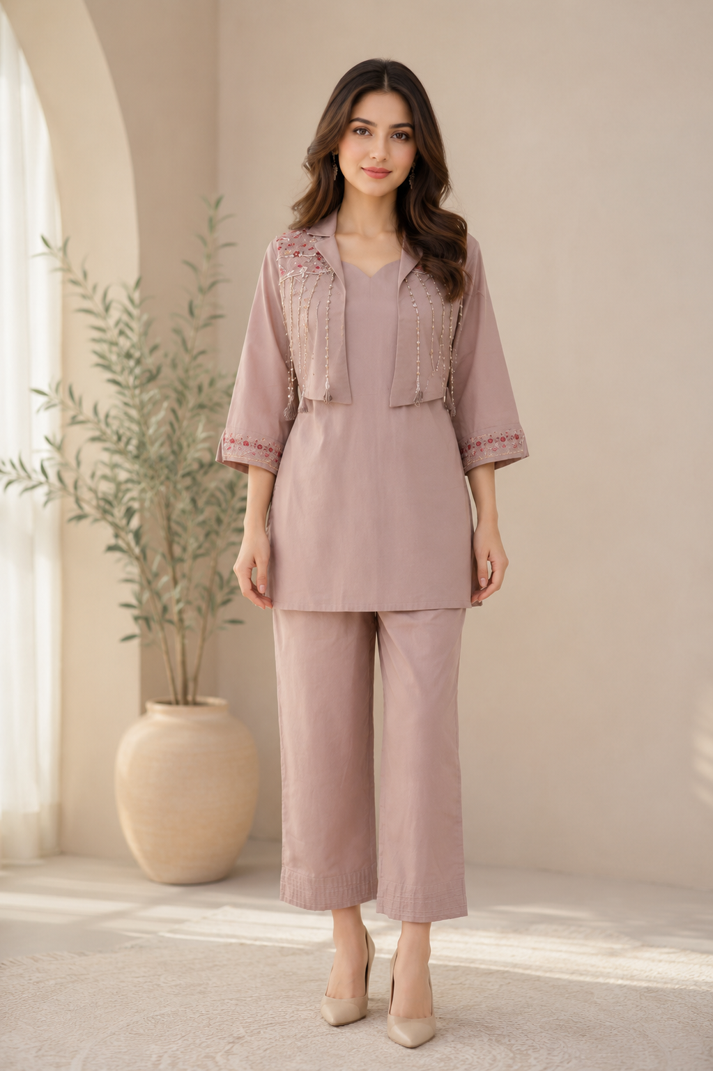 Mauve Pearl Dhabu Cotton Co-Ord Set for Women — Overlay Top & Straight Pants