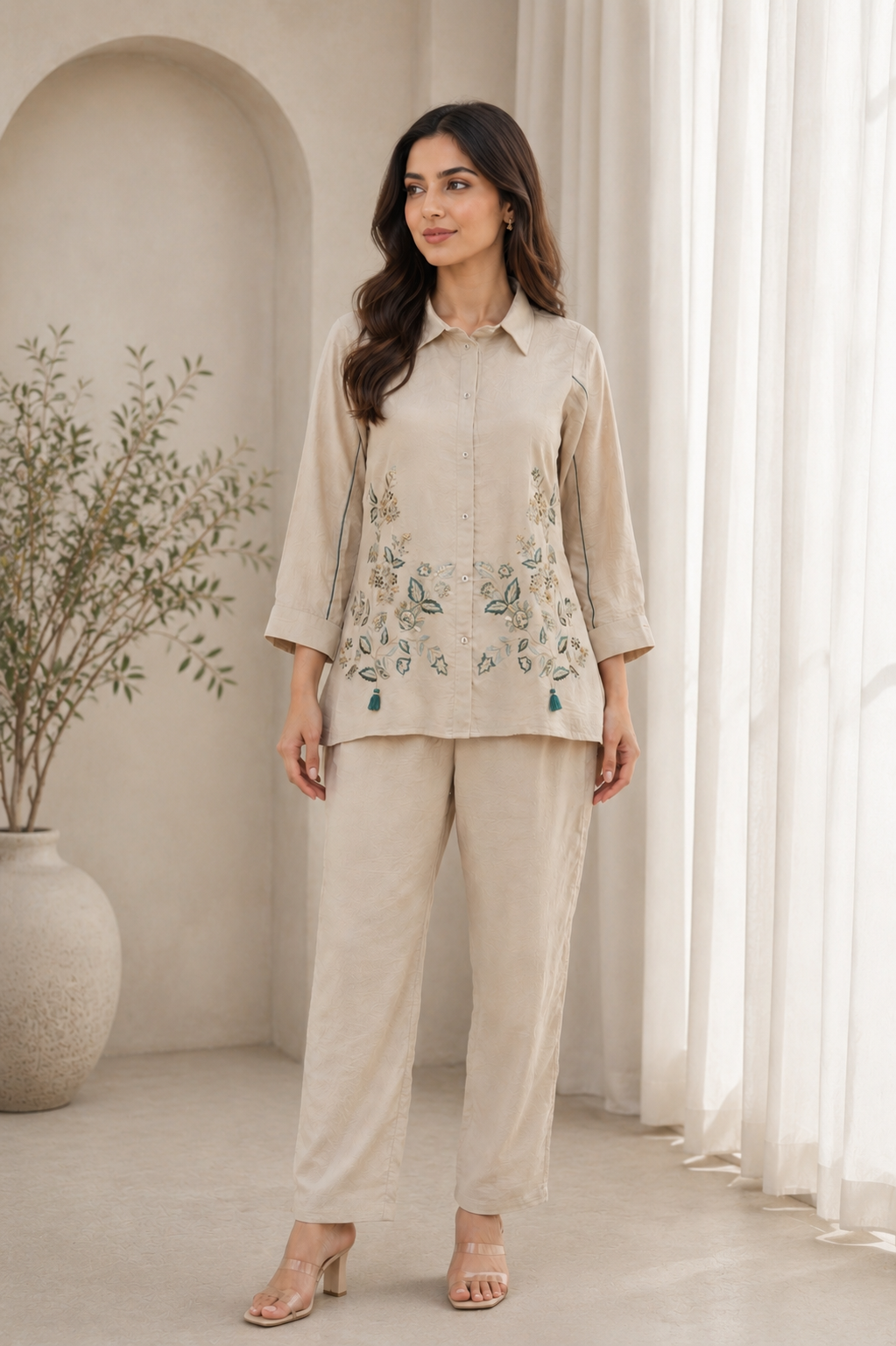 Sand Beige Ethnic Co-Ord Set for Women — Vichitra Zazu Silk Shirt Top & Trousers