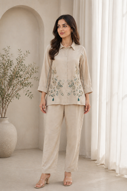 Sand Beige Embroidered Co-Ord