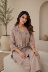 Mauve Pearl Dhabu Cotton Co-Ord Set for Women — Overlay Top & Straight Pants