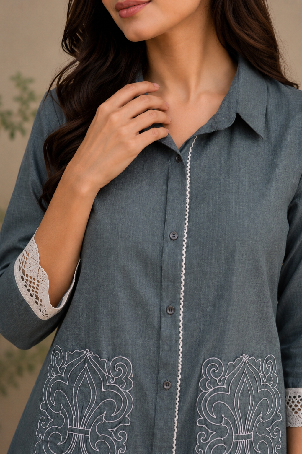 Sage Green Embroidered Viscose Twill Co-Ord Set for Women
