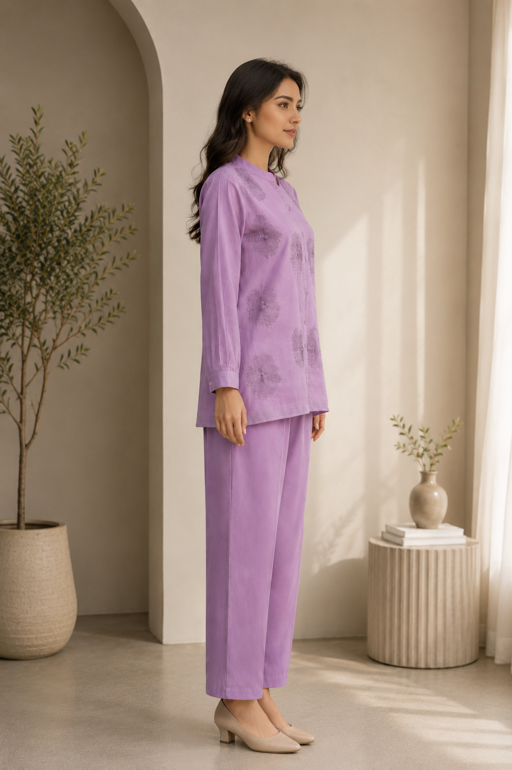 Lilac Embroidered Co-Ord Set for Women — Mandarin Collar Kurti & Straight Pants