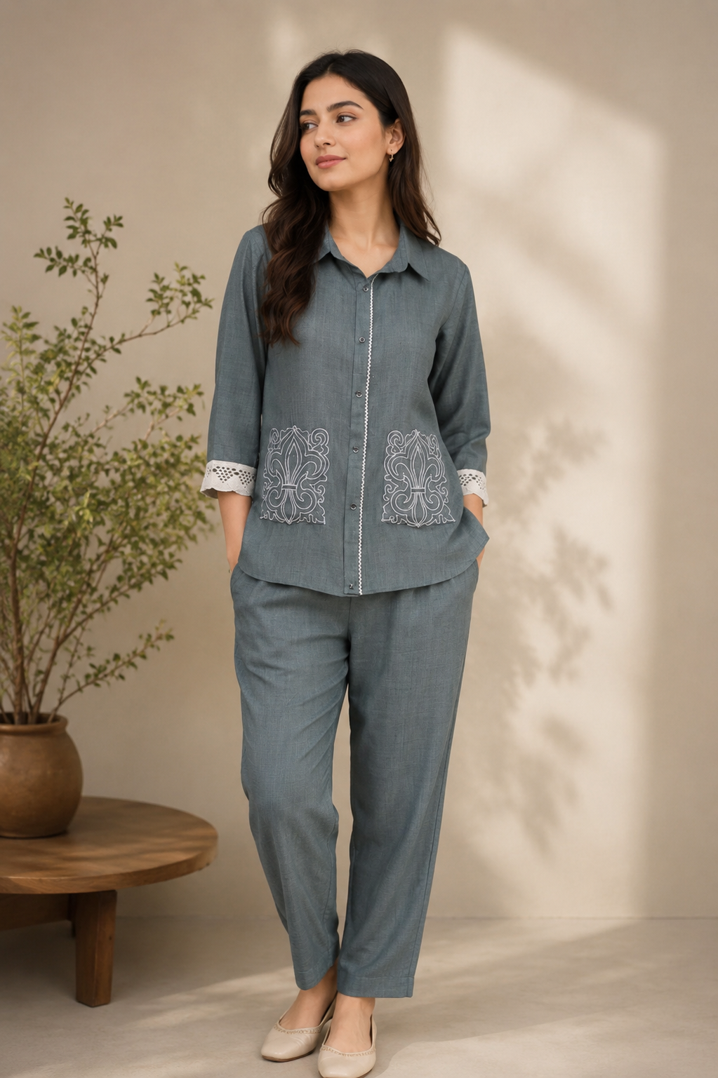 Sage Green Embroidered Viscose Twill Co-Ord Set for Women