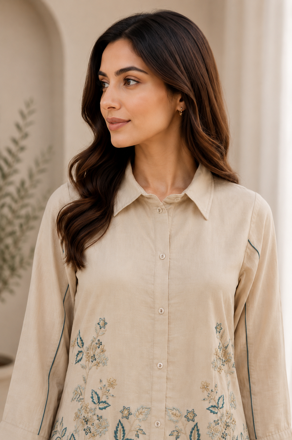 Sand Beige Ethnic Co-Ord Set for Women — Vichitra Zazu Silk Shirt Top & Trousers