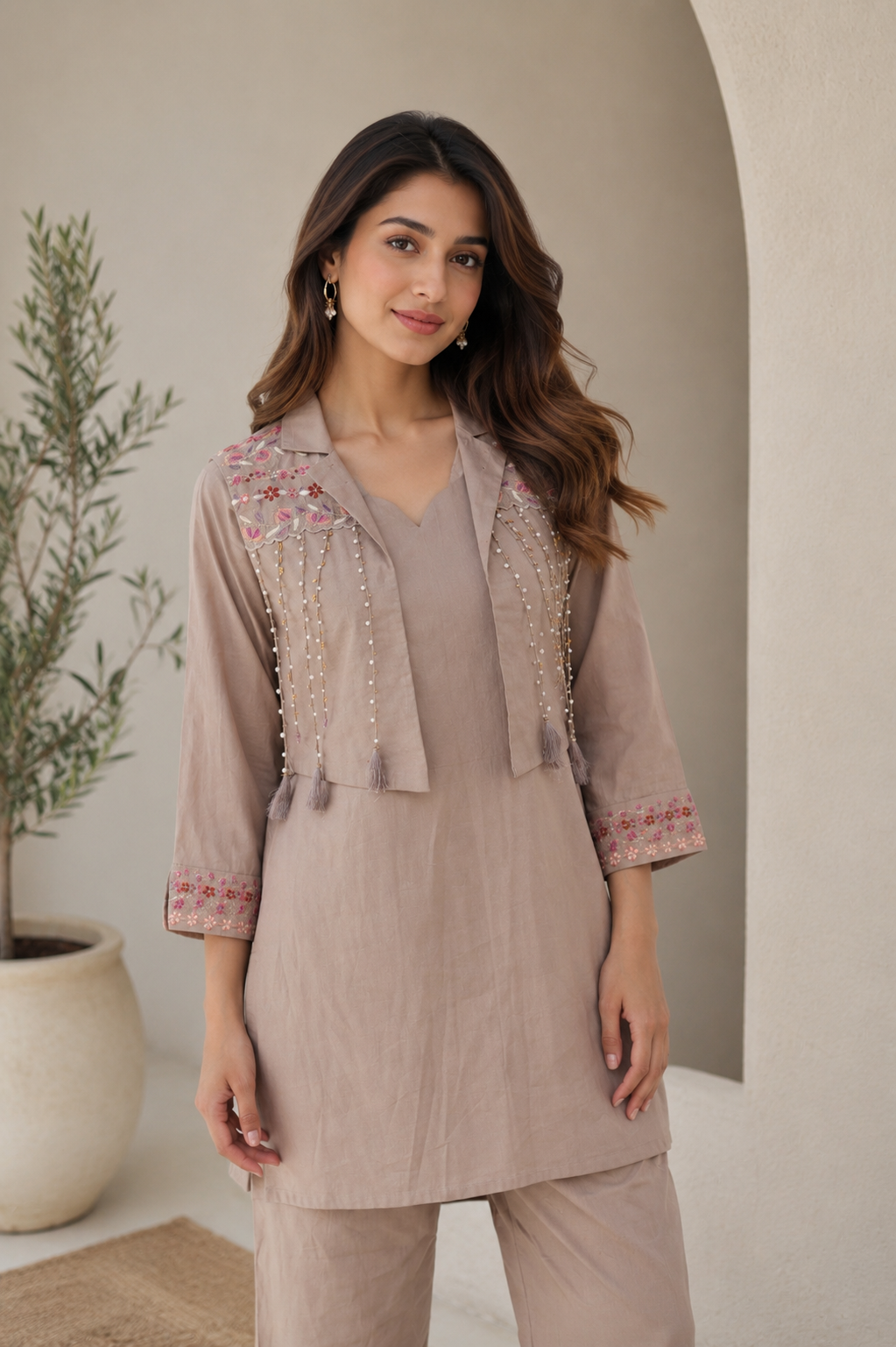 Mauve Pearl Dhabu Cotton Co-Ord Set for Women — Overlay Top & Straight Pants