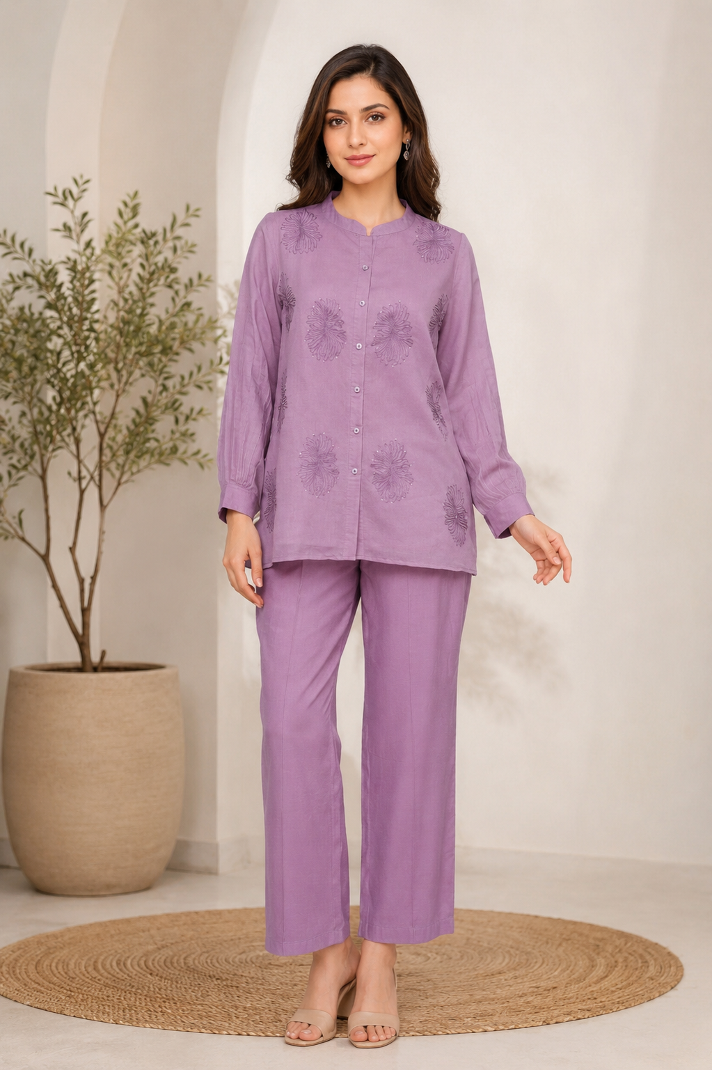 Lilac Embroidered Co-Ord Set for Women — Mandarin Collar Kurti & Straight Pants