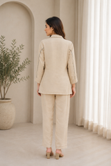 Sand Beige Ethnic Co-Ord Set for Women — Vichitra Zazu Silk Shirt Top & Trousers