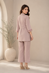 Mauve Pearl Dhabu Cotton Co-Ord Set for Women — Overlay Top & Straight Pants