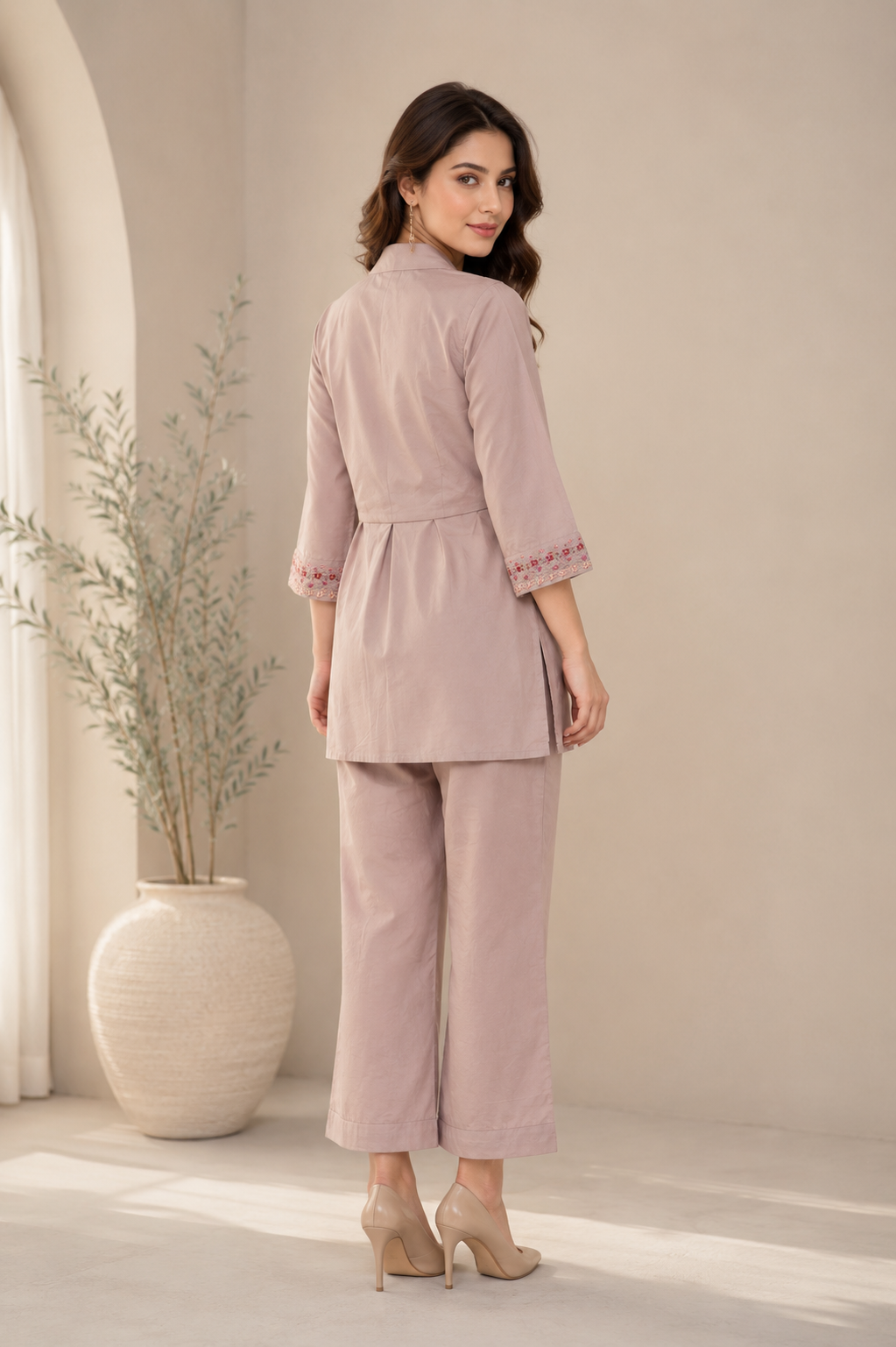 Mauve Pearl Dhabu Cotton Co-Ord Set for Women — Overlay Top & Straight Pants