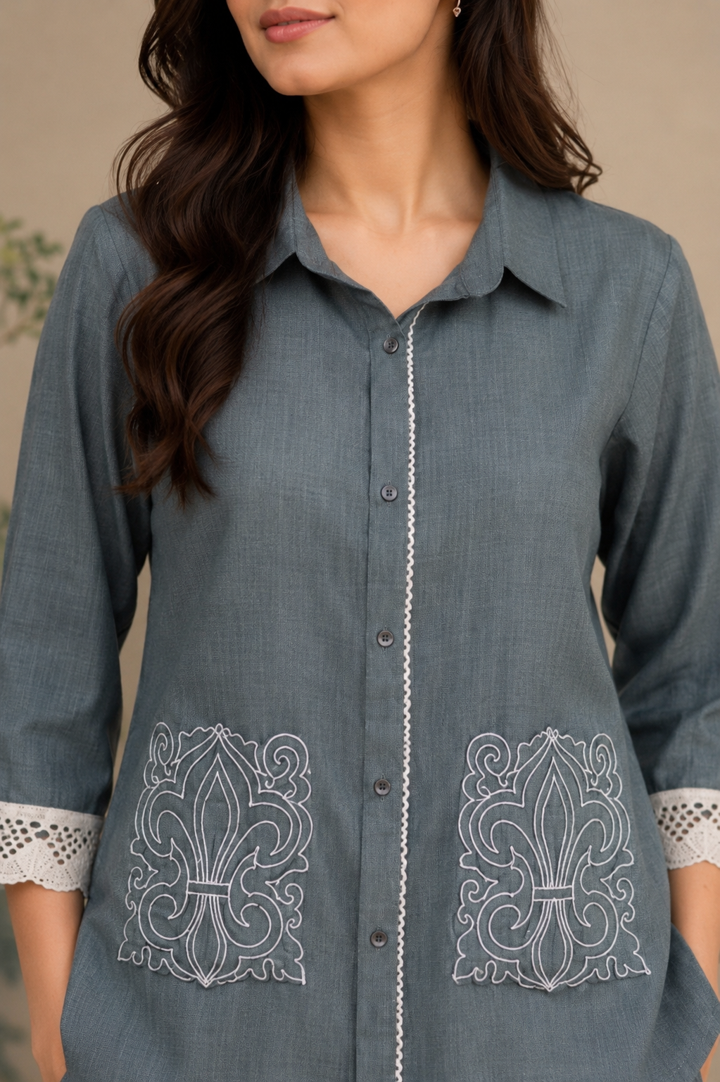 Sage Green Embroidered Viscose Twill Co-Ord Set for Women