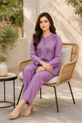 Lilac Embroidered Co-Ord Set for Women — Mandarin Collar Kurti & Straight Pants