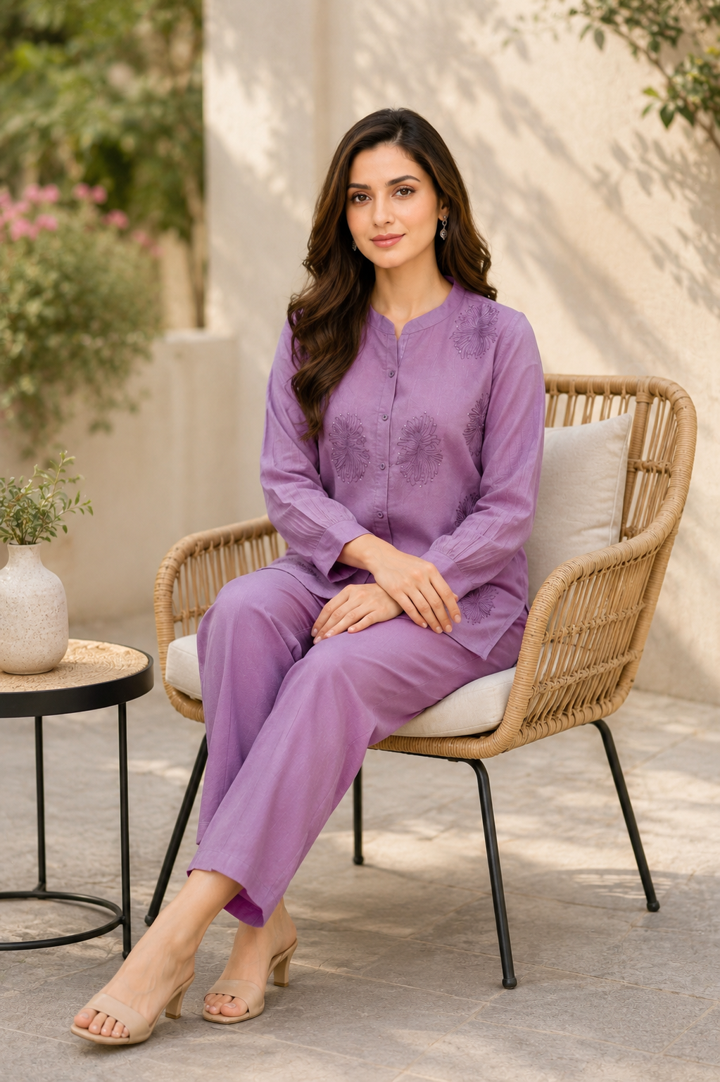 Lilac Embroidered Co-Ord Set for Women — Mandarin Collar Kurti & Straight Pants