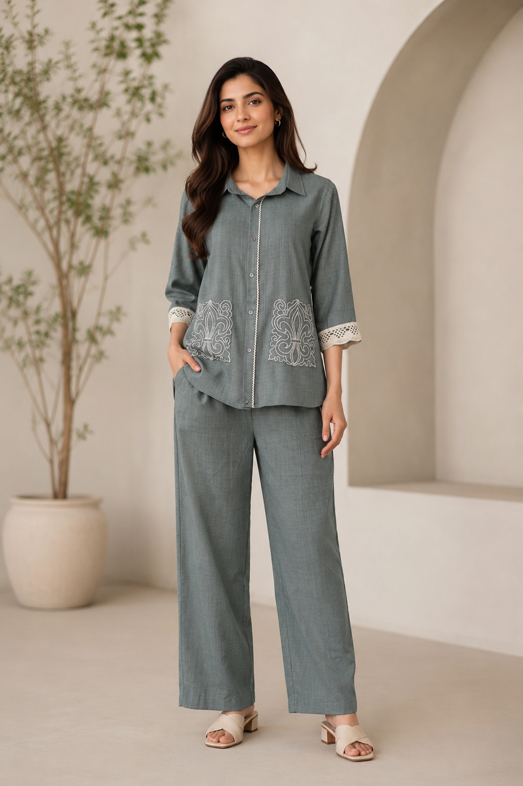 Sage Green Embroidered Viscose Twill Co-Ord Set for Women