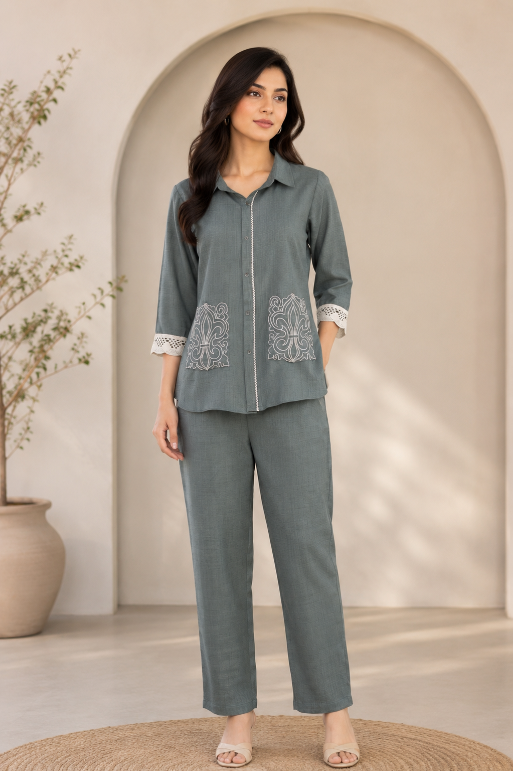Sage Green Embroidered Viscose Twill Co-Ord Set for Women