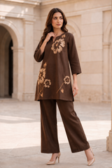 Coffee Brown Floral Print Cotton Co-Ord Set — Kurti & Straight Trouser