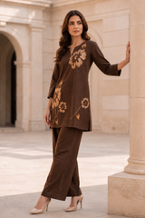 Coffee Brown Floral Print Cotton Co-Ord Set — Kurti & Straight Trouser