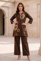 Coffee Brown Floral Print Cotton Co-Ord Set — Kurti & Straight Trouser