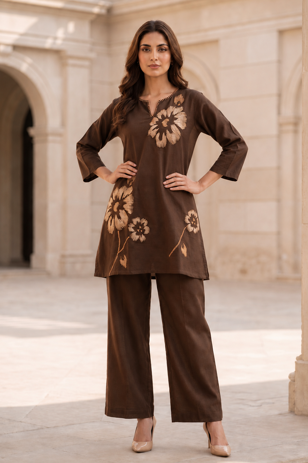 Coffee Brown Floral Print Cotton Co-Ord Set — Kurti & Straight Trouser