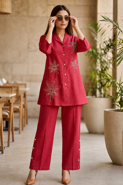 Crimson Pink Leaf Embroidered Cotton Co-Ord Set