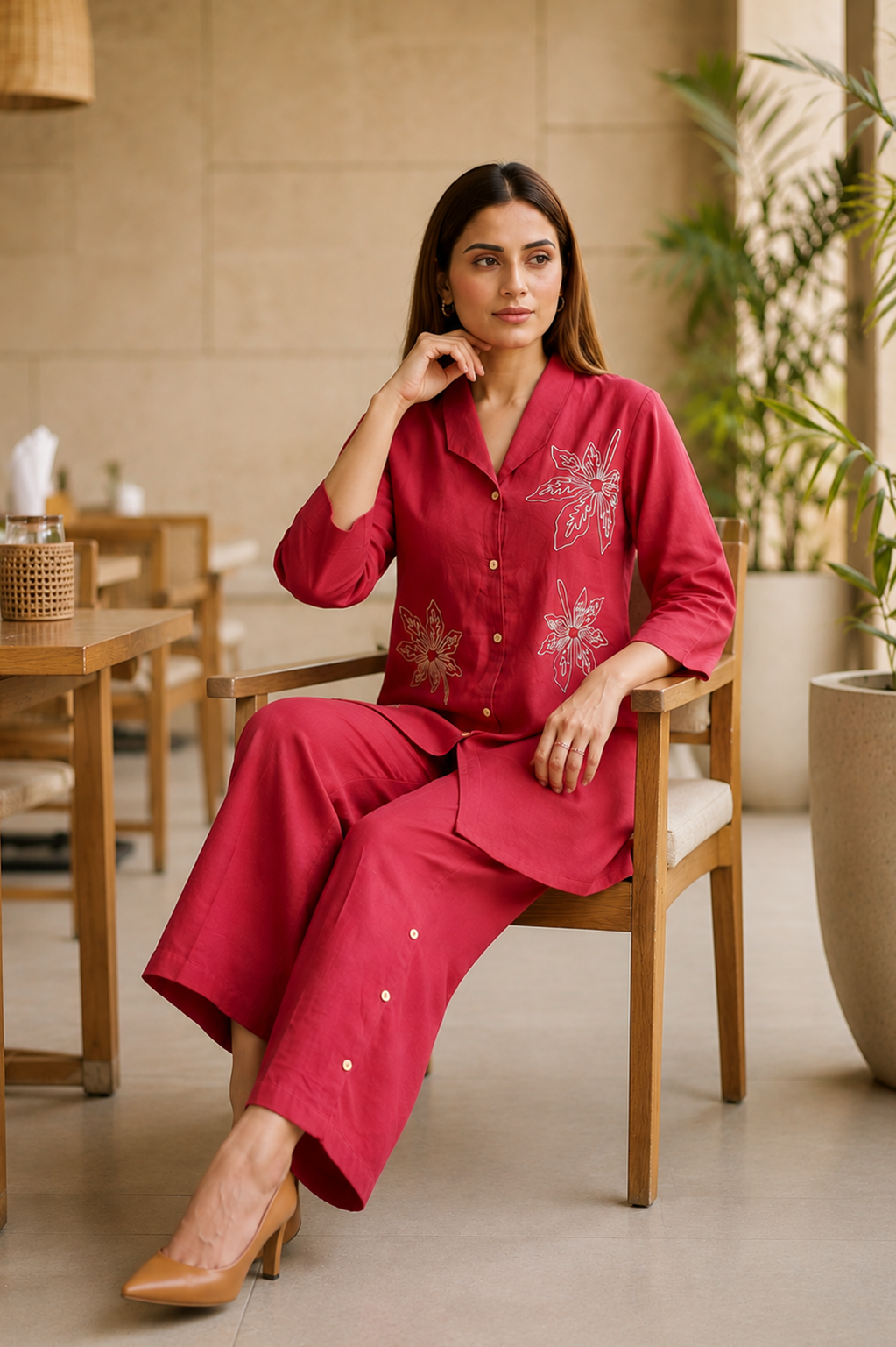 Crimson Pink Leaf Embroidered Cotton Co-Ord Set