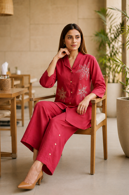Crimson Pink Leaf Embroidered Cotton Co-Ord Set
