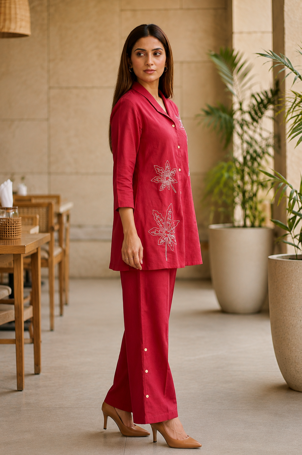 Crimson Pink Leaf Embroidered Cotton Co-Ord Set