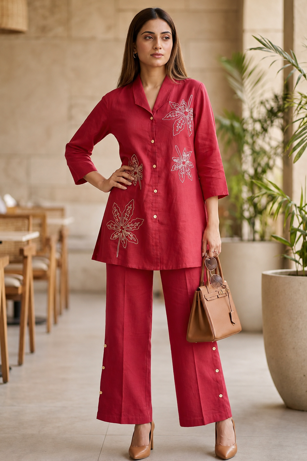 Crimson Pink Leaf Embroidered Cotton Co-Ord Set