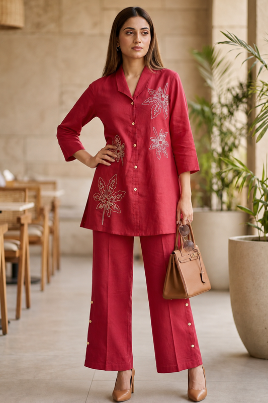 Crimson Pink Leaf Embroidered Cotton Co-Ord Set