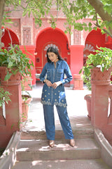 Denim Blue Embroidered Co-Ord Set for Women — Button-Down Shirt Top & Straight Trousers with Pockets