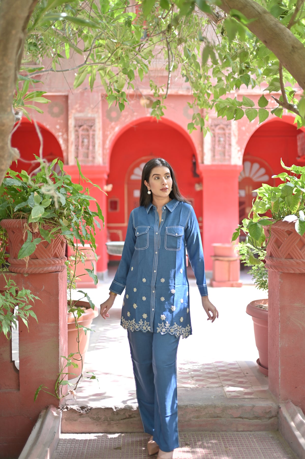 Denim Blue Embroidered Co-Ord Set for Women — Button-Down Shirt Top & Straight Trousers with Pockets