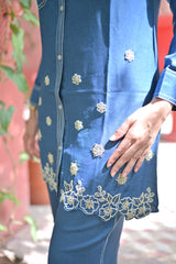 Denim Blue Embroidered Co-Ord Set for Women — Button-Down Shirt Top & Straight Trousers with Pockets