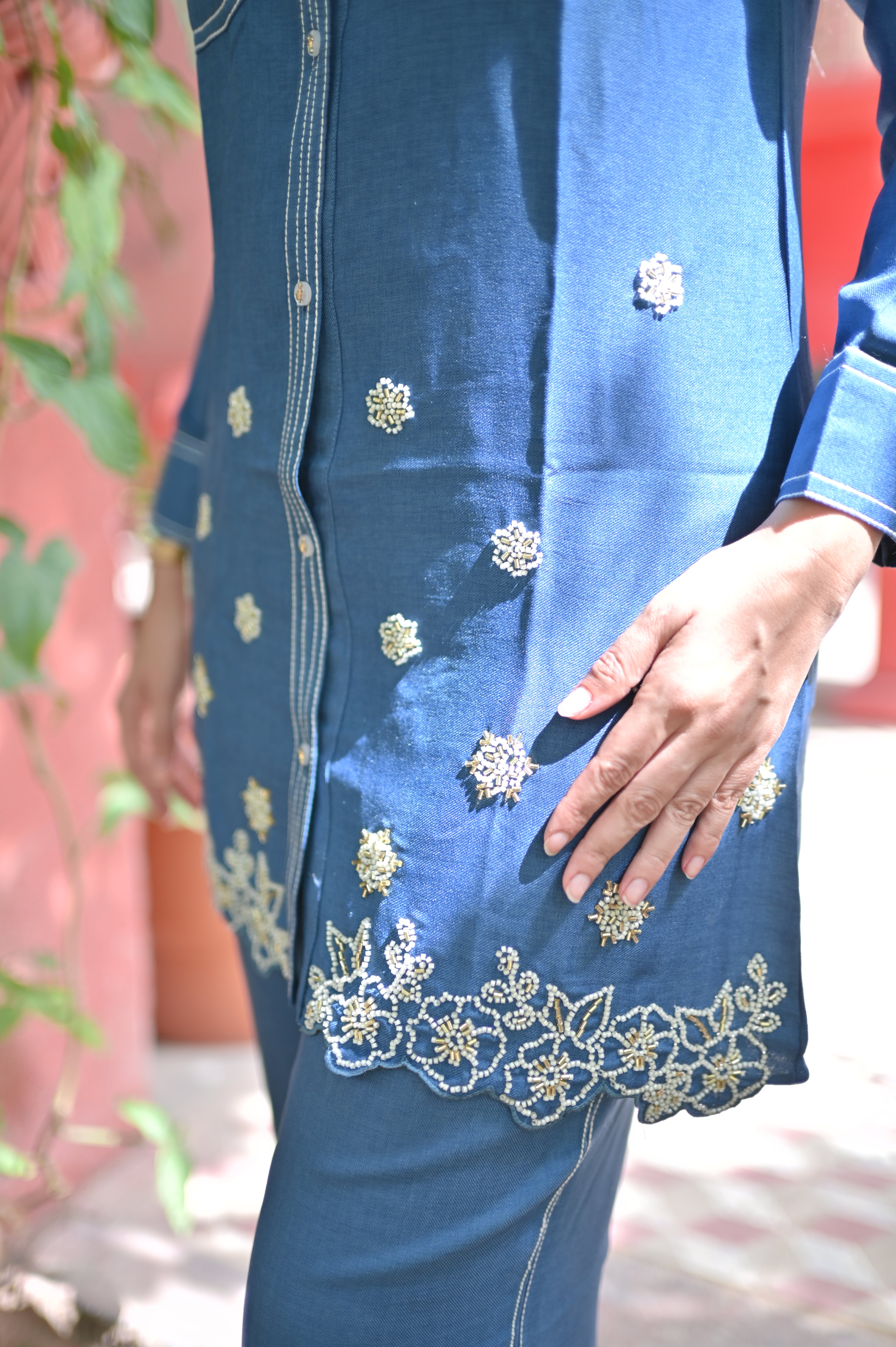 Denim Blue Embroidered Co-Ord Set for Women — Button-Down Shirt Top & Straight Trousers with Pockets