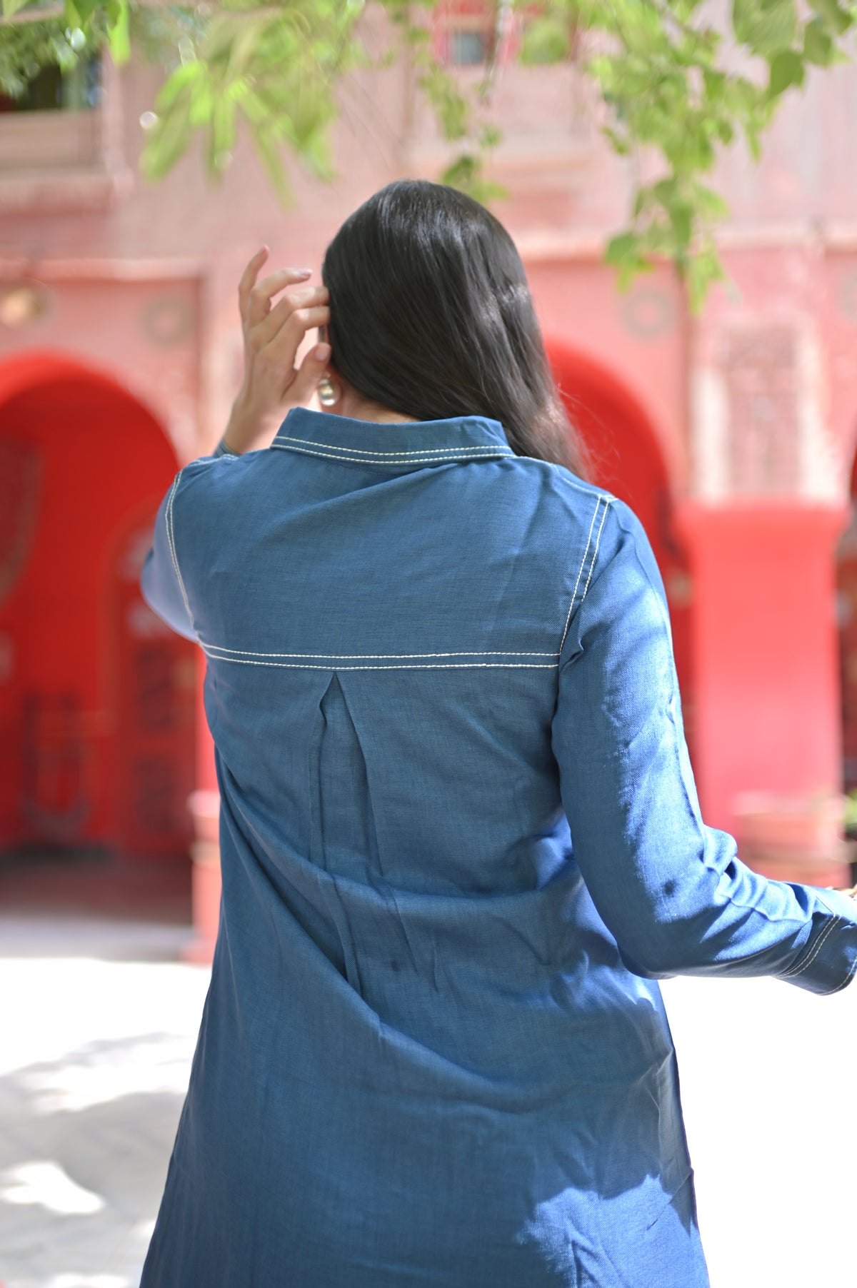Denim Blue Embroidered Co-Ord Set for Women — Button-Down Shirt Top & Straight Trousers with Pockets