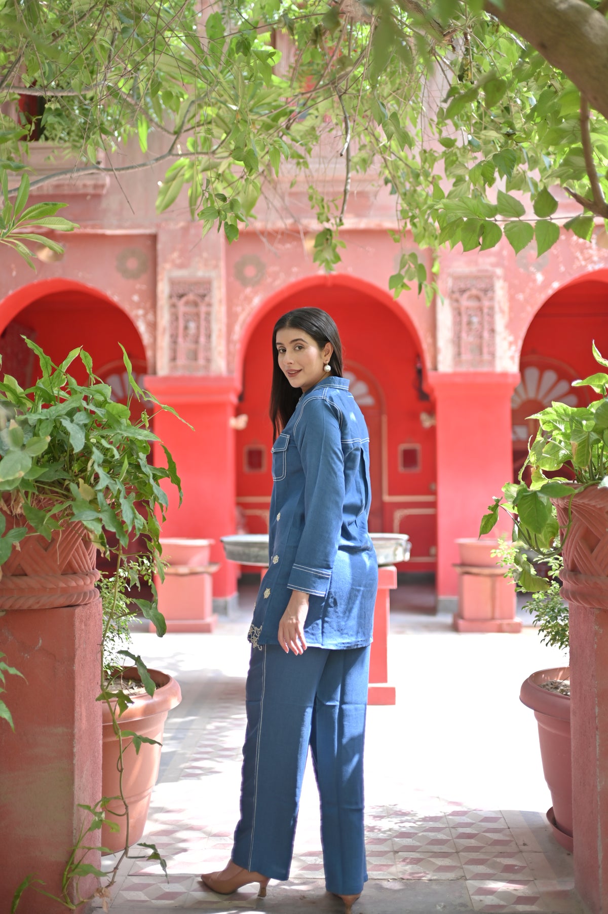 Denim Blue Embroidered Co-Ord Set for Women — Button-Down Shirt Top & Straight Trousers with Pockets