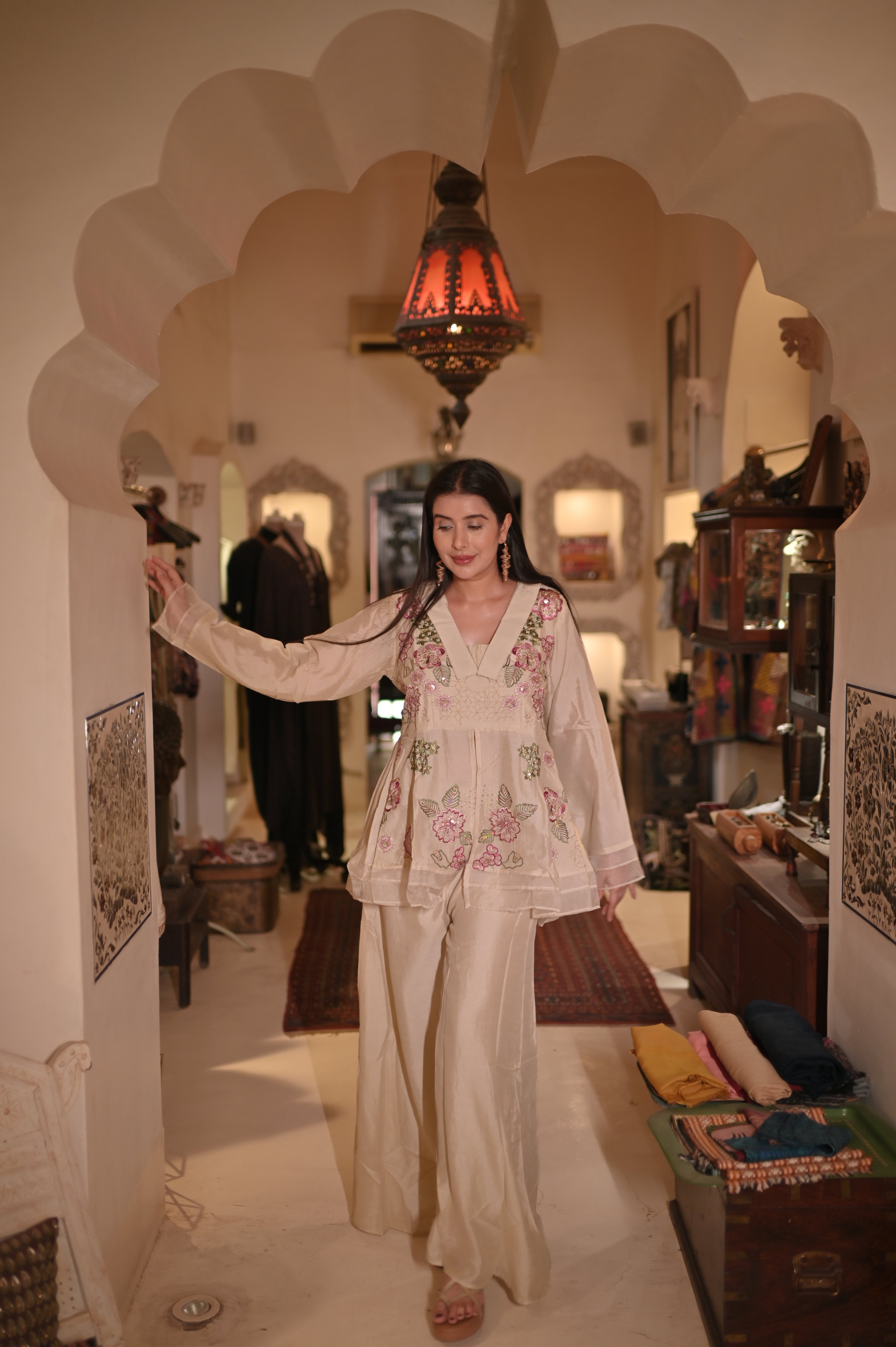 Beige Embroidered Peplum Top & Wide-Leg Palazzo Set for Women