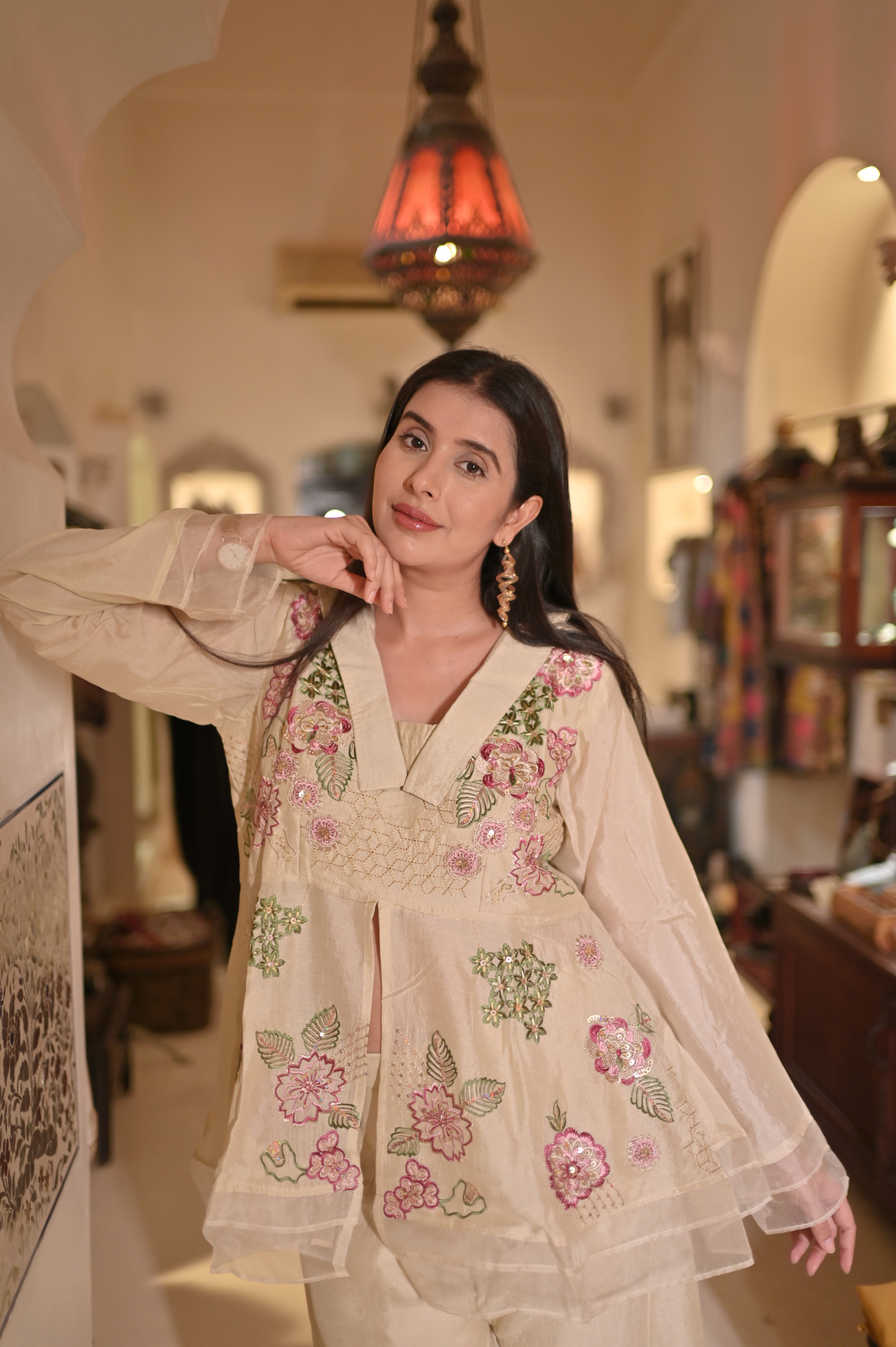 Beige Embroidered Peplum Top & Wide-Leg Palazzo Set for Women