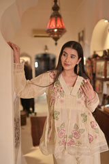 Beige Embroidered Peplum Top & Wide-Leg Palazzo Set for Women