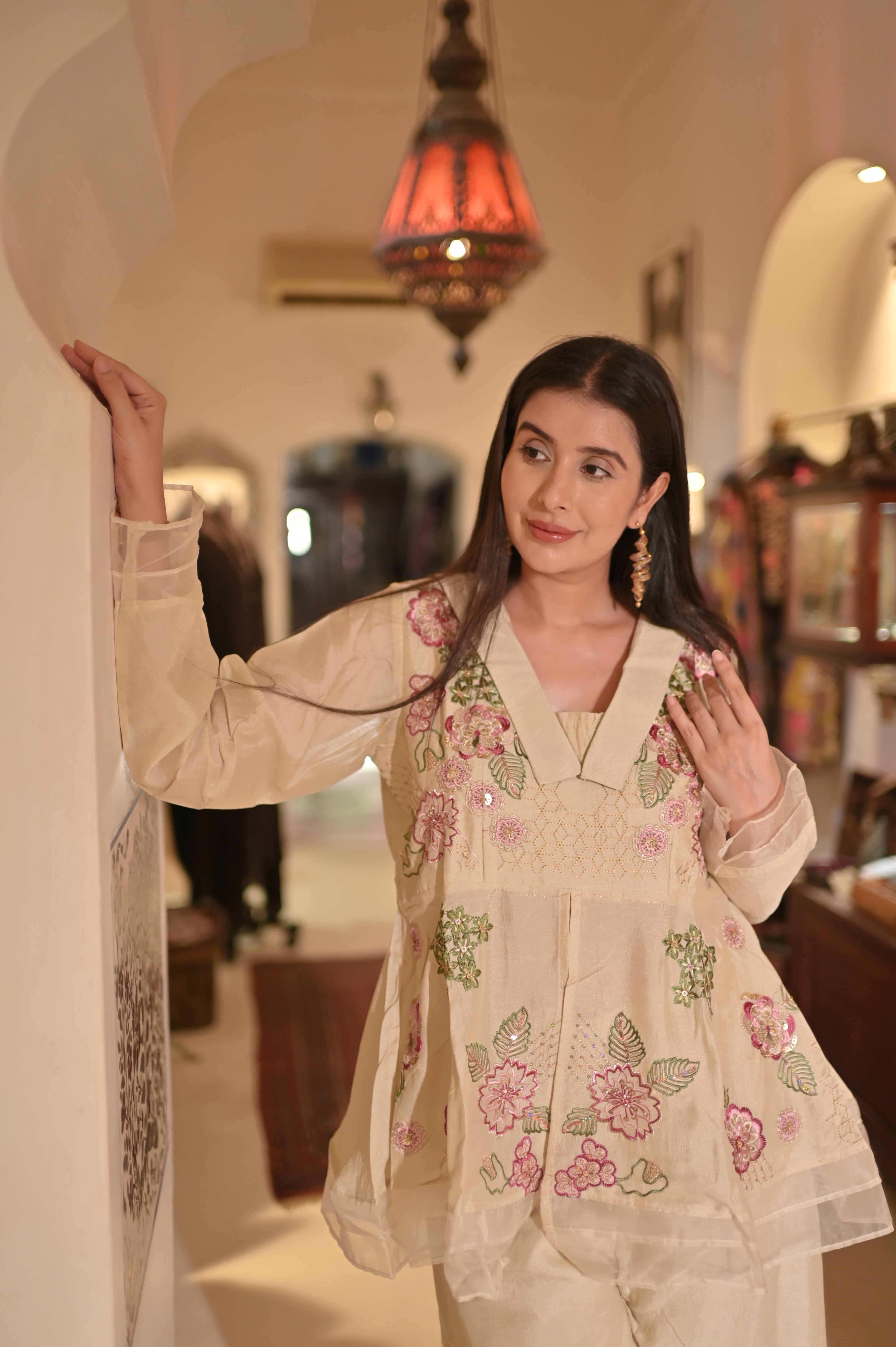 Beige Embroidered Peplum Top & Wide-Leg Palazzo Set for Women